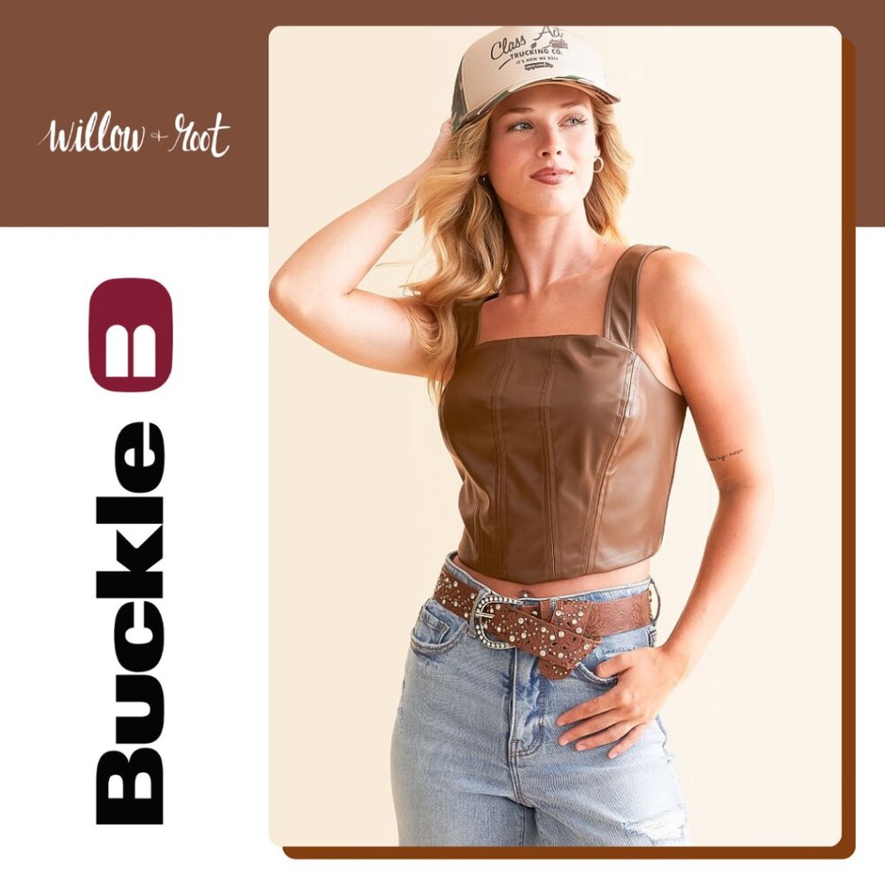 Willow & Root Faux Leather Cropped Tank Top Brown Size L Buckle